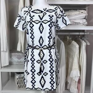 CALS mini dress. sz. Small Black & blue Graphic pattern gold chain belt. #0592